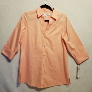 Foxcroft 8 Top Button Front Peach Heritage Non-Iron 3/4 Sleeve Poplan Preppy
